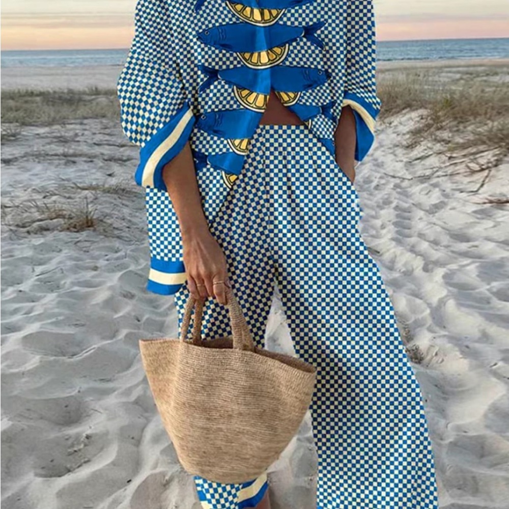 Fish Print- wide leg pants set